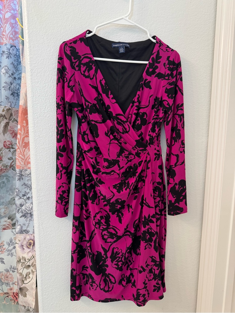 American Living Magenta and Black Floral Wrap-Style Dress 6 Pink Goth